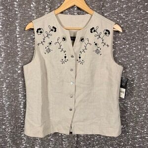 NWT Relativity Womens Large Linen Embroidered Floral Button Front Vest Beige